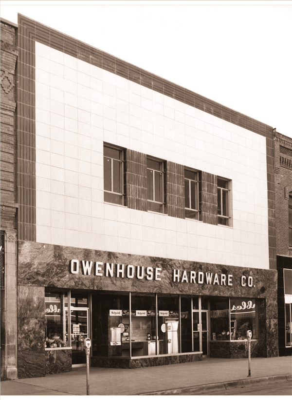 historical black and white photograph of the original Owenhouse ACE Hardware store front