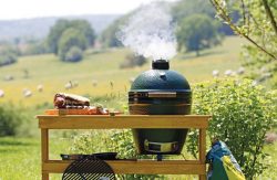 Image of a Big Green Egg in it's grill table smoking away with a lovely natural background.