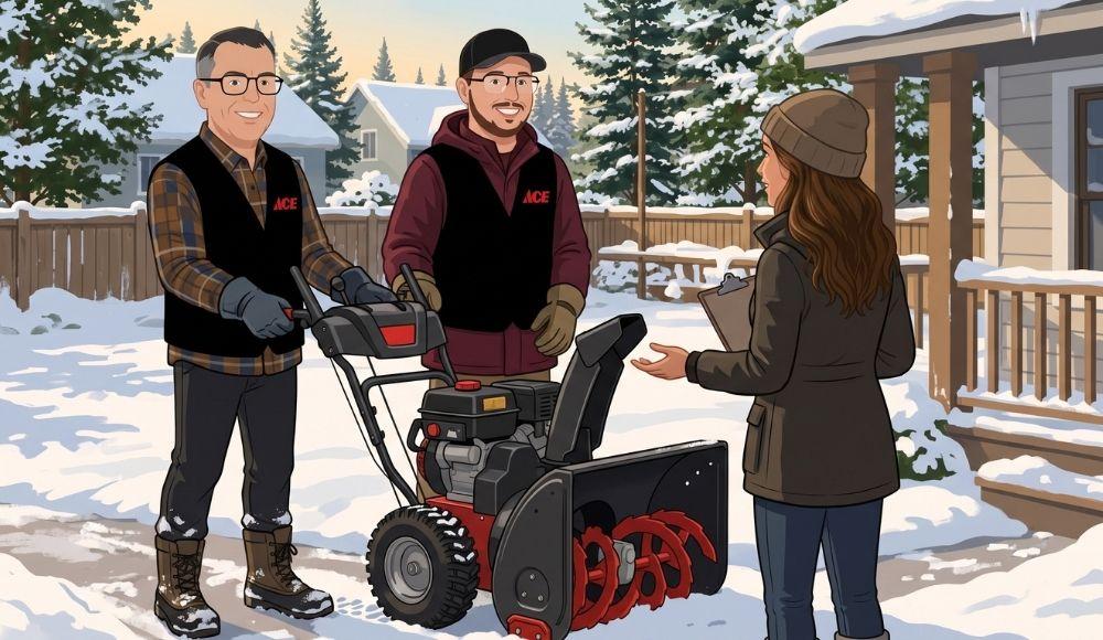 Illustration of Owenhouse team members discussing a snowblower with a customer outside a snowy home.
