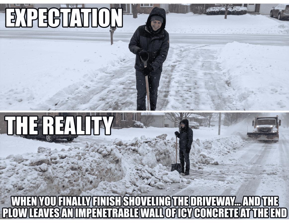Expectation: a neatly shoveled driveway. Reality: the snowplow leaves a wall of packed snow across the end.