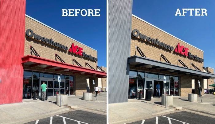 before and after of the owenhouse ace hardware west locations tower painting project