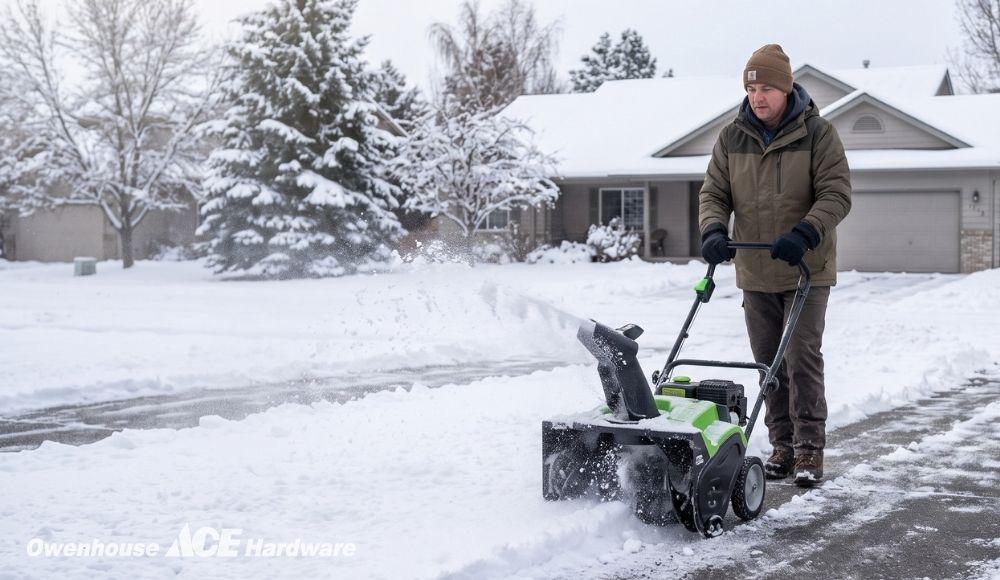 Person using a compact EGO single-stage snowblower to clear a paved driveway.