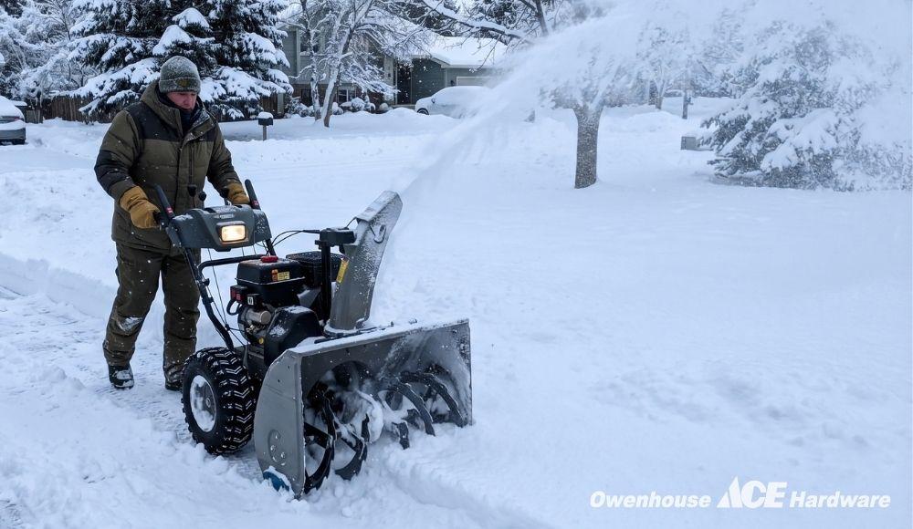 Person using a two-stage snowblower to clear deep snow beside a driveway.