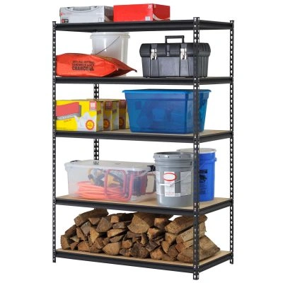 black storage shelving for garage or outdoor space