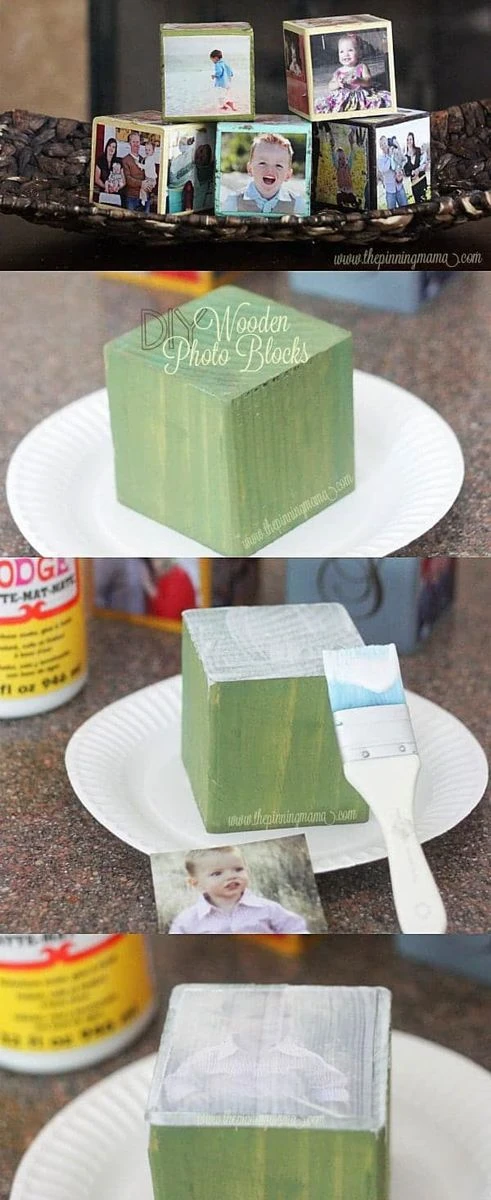 diy wood block photo cube, green and covered in photos
