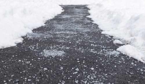 ice melt on snowy sidewalk